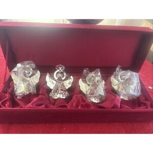 VINTAGE SET OF 4 SILVER-TONED ANGEL CHRISTMAS ORNAMENTS IN VELVET BOX 2'' TALL